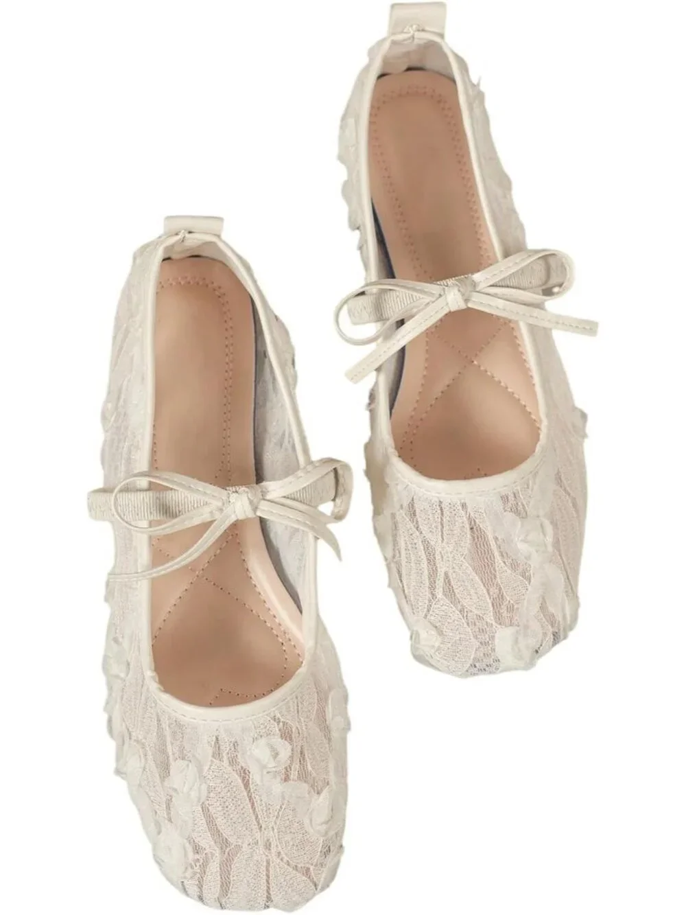 Women's White Mesh Ballet Flats Lace Bow Square Toe Wedding Dressy Work Shoes